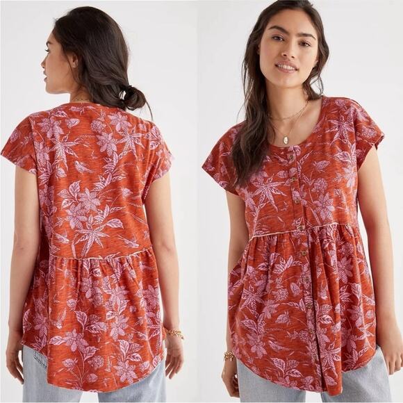 NWOT Anthropologie Pink Tropical Floral Washed Babydoll Top Button Front S - Picture 5 of 11